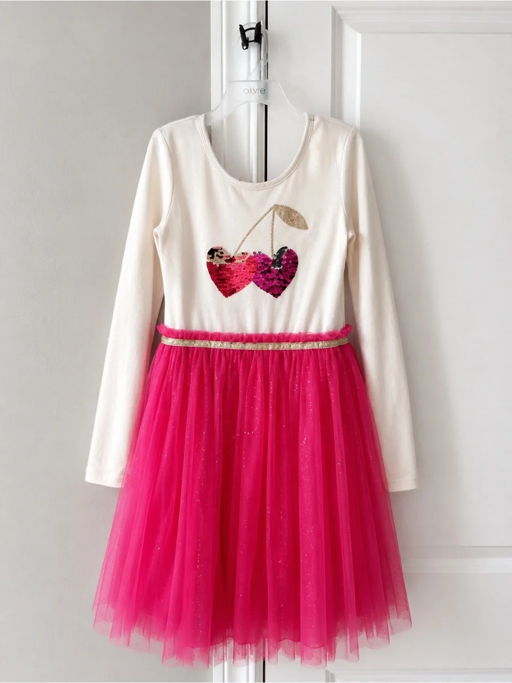 Kids Sequin Cherry Tulle Dress - White & Hot Pink